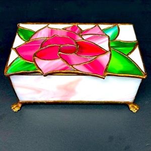 Vintage stained glass rose design jewelry box with copper  leading & feet
